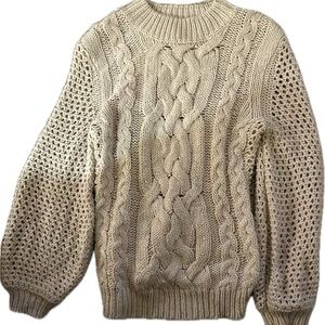 Dusty Rose Crochet and Cable Knit Sweater with Faux Seed pearl accents